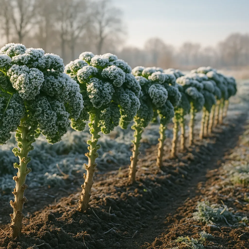 Rijen gekrulde boerenkoolplanten met rijp op het blad in een wintermoestuin