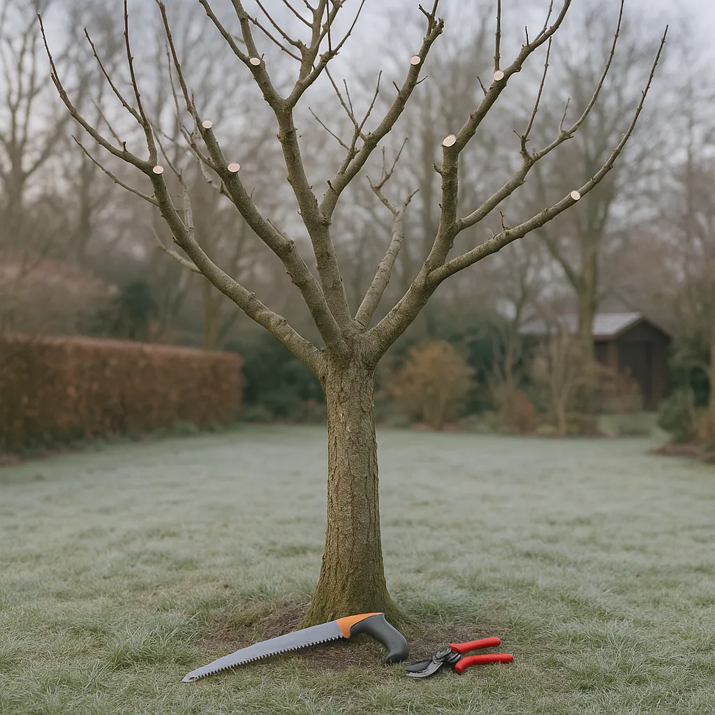 Kale appelboom in de winter met vers gesnoeide takken en een snoeizaag tegen de stam