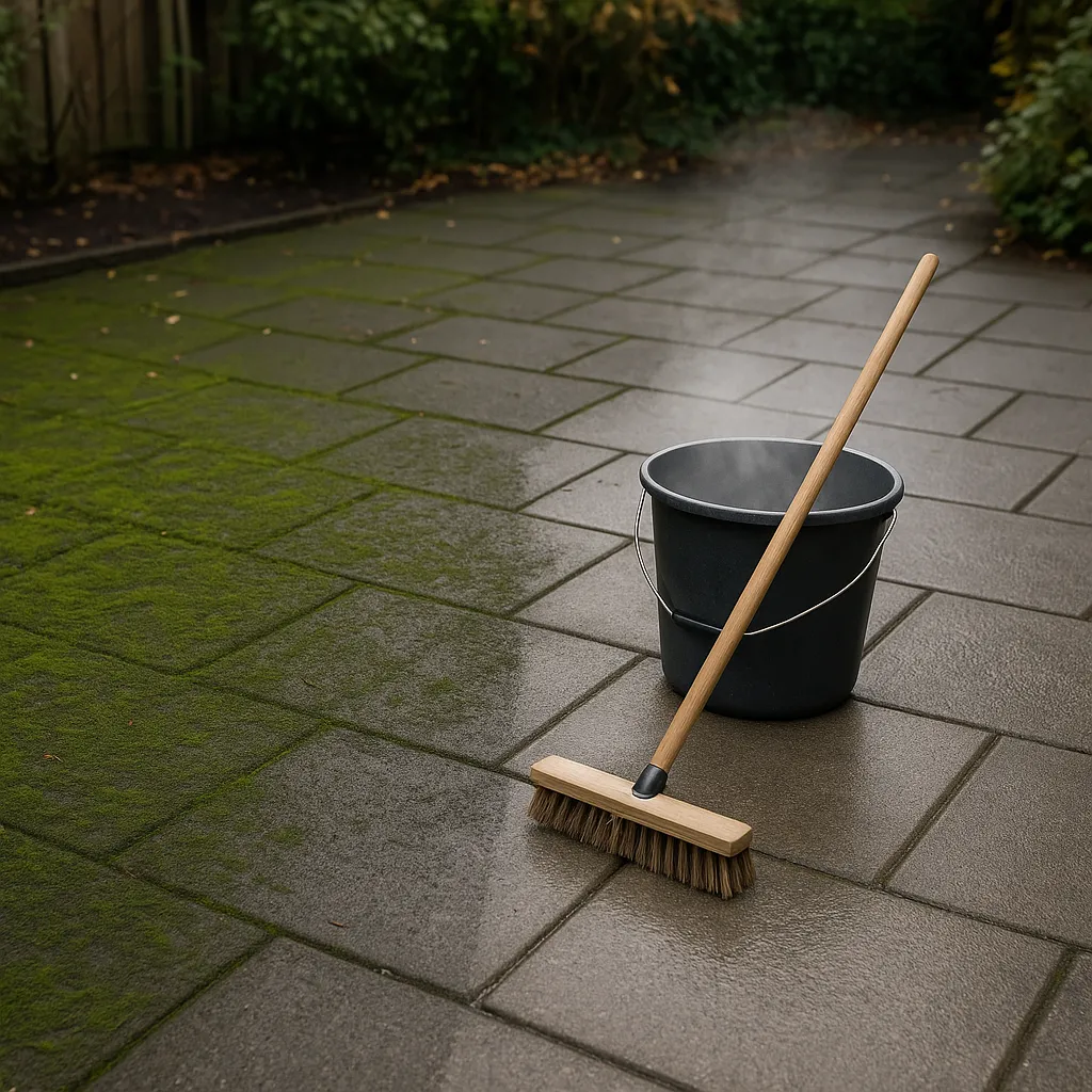 Half schoongeboende terrastegels naast tegels met groene aanslag en een schrobber