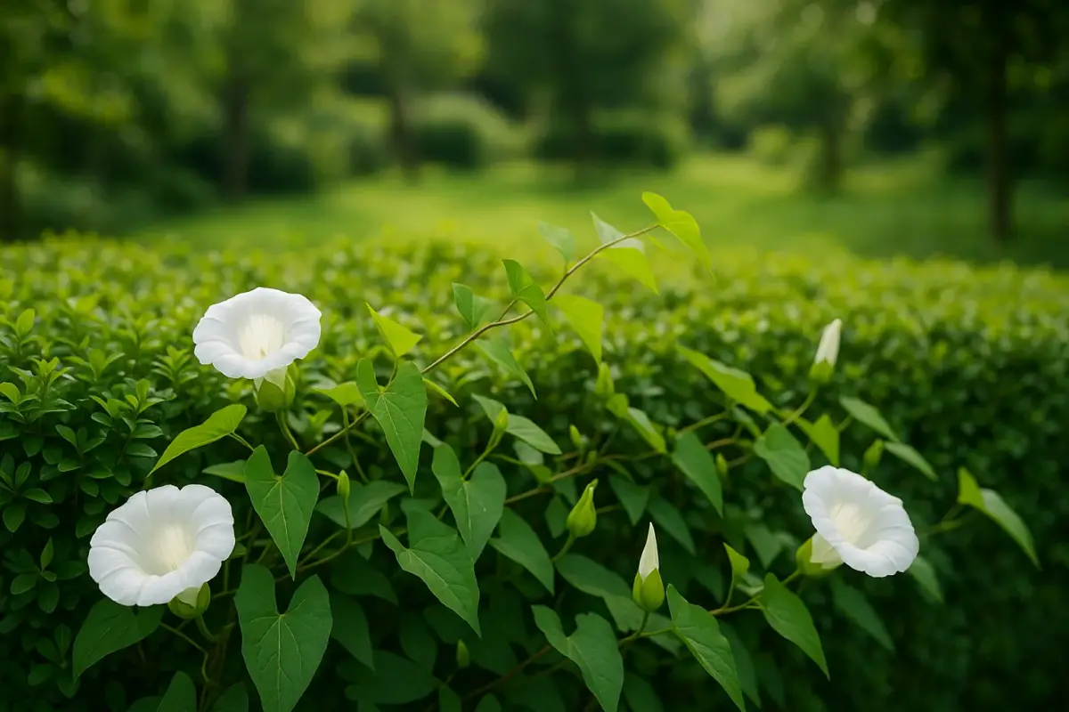 Haagwinde met grote witte trompetbloemen die zich om een heg slingert