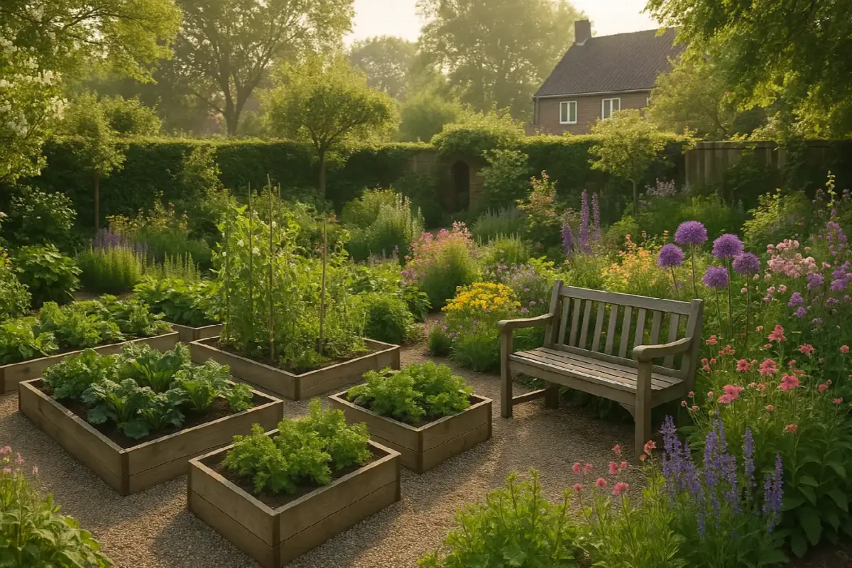 Zonnige Nederlandse tuin met houten moestuinbakken, bloeiende vaste planten en een tuinbank