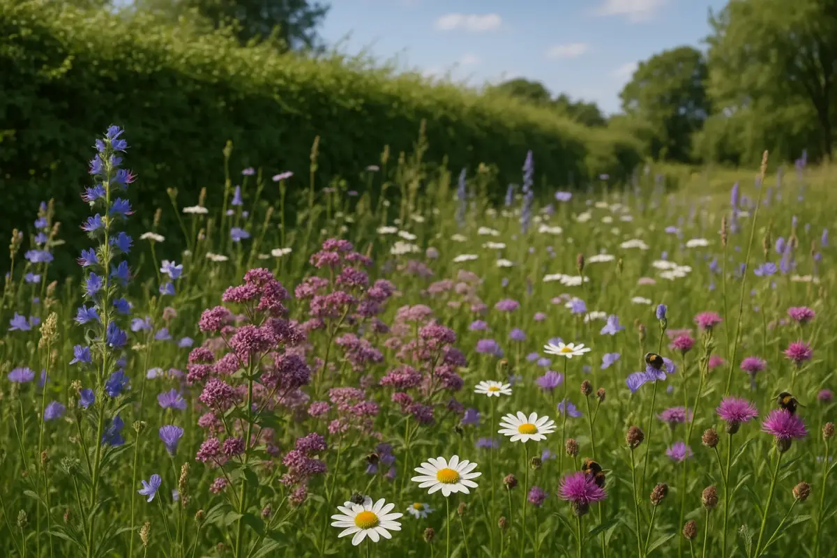 Zonnige border met inheemse planten zoals wilde marjolein, grasklokje, margriet en slangenkruid