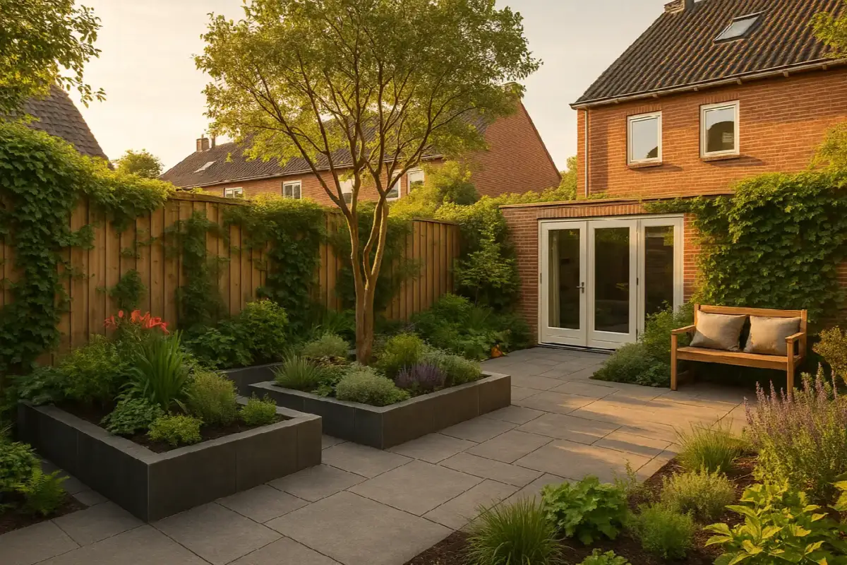 Kleine stadstuin met terras, plantenbakken, een meerstammig boompje en klimplanten tegen de schutting