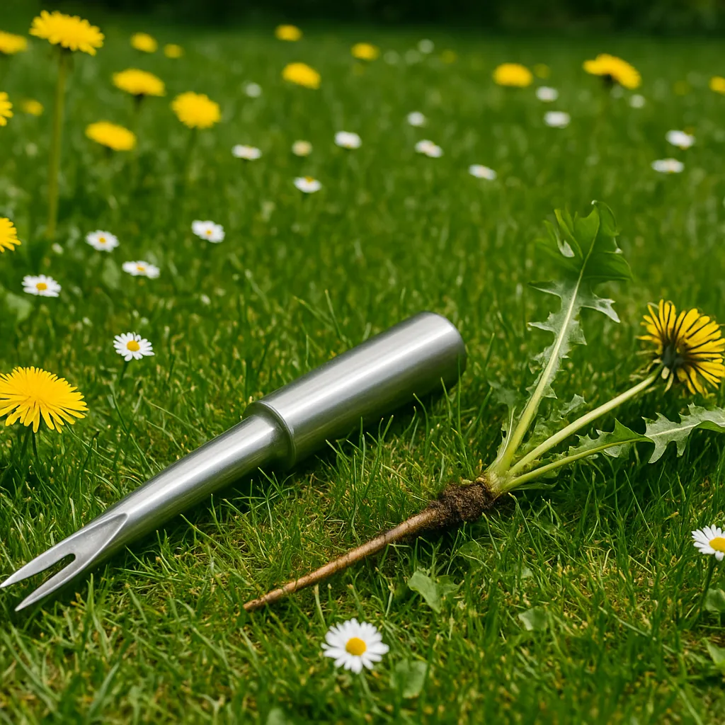 Gazon met gele paardenbloemen en madeliefjes en een onkruidsteker in het gras