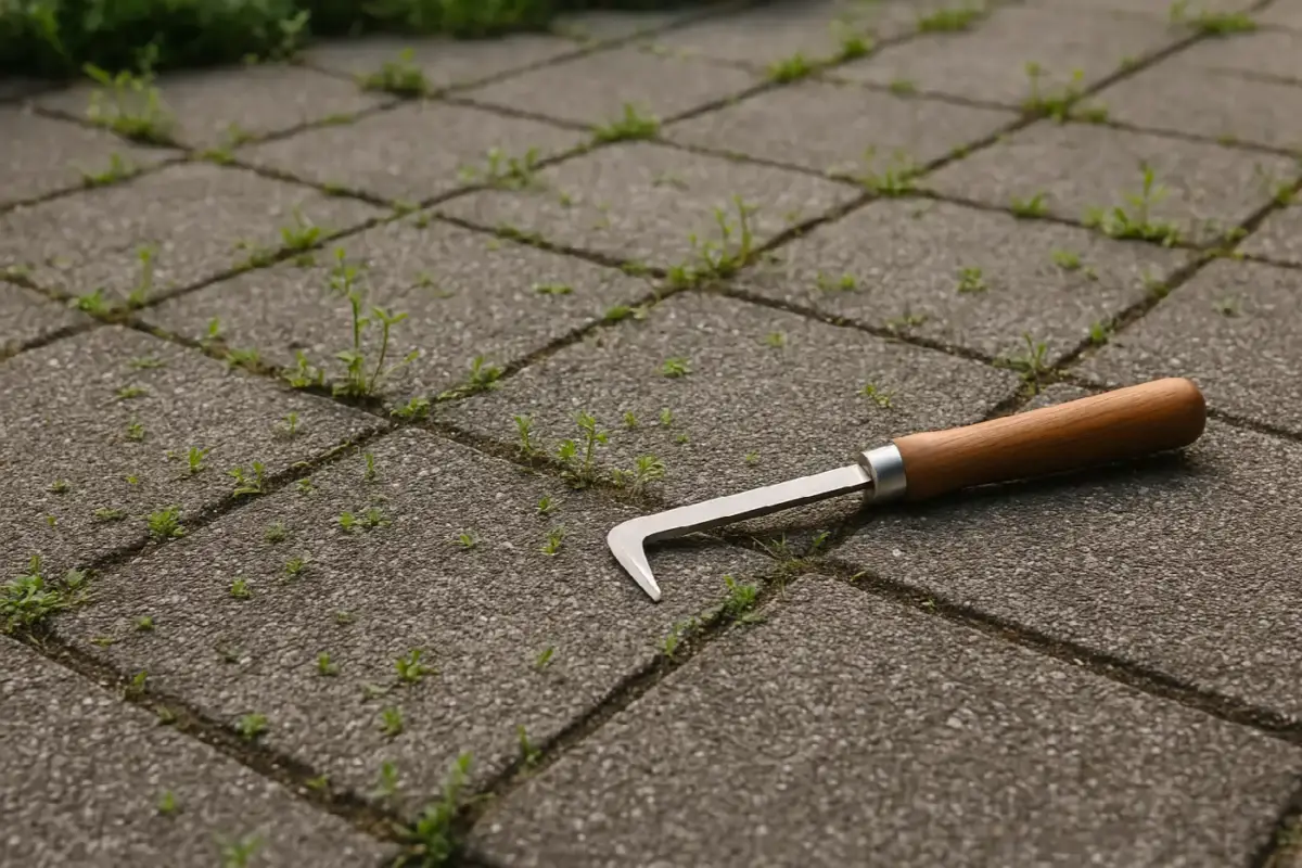 Terras met onkruid in de voegen en een voegenkrabber op de tegels