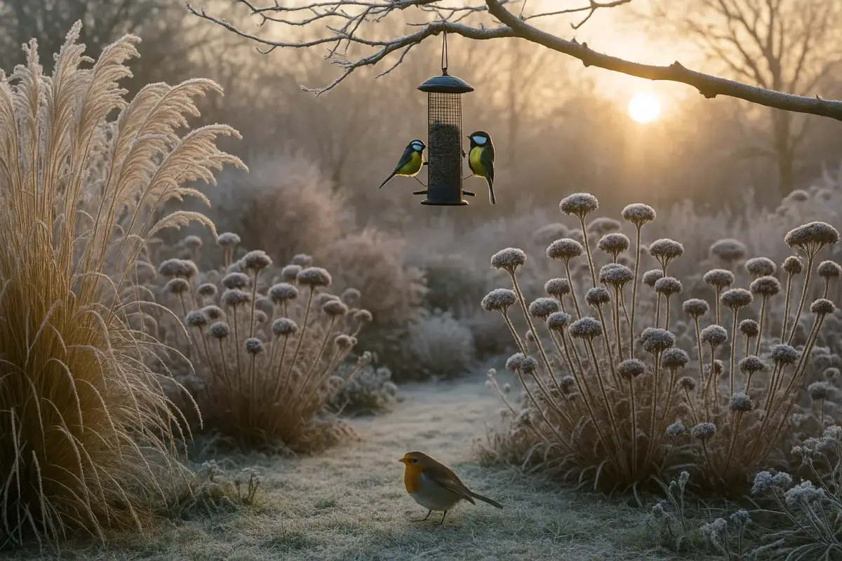 Siergrassen bedekt met witte rijp in een wintertuin met een mees bij een voedersilo