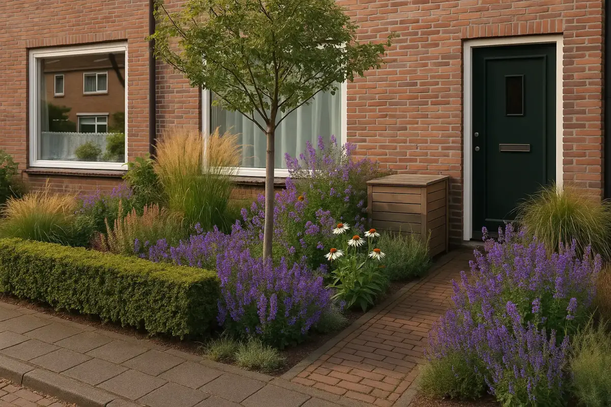 Groene voortuin met smal pad, lage haag, siergrassen en vaste planten voor een rijtjeshuis